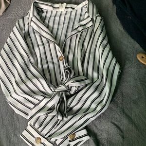 Black on White Striped Collar Shirt with Brown Buttons and Fabric to Tie Front